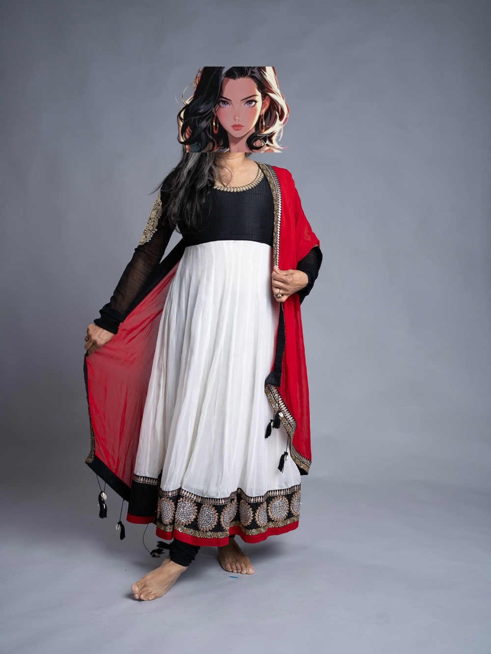 Elegant Black & White anarkali with Red Dupatta- wore only ones.